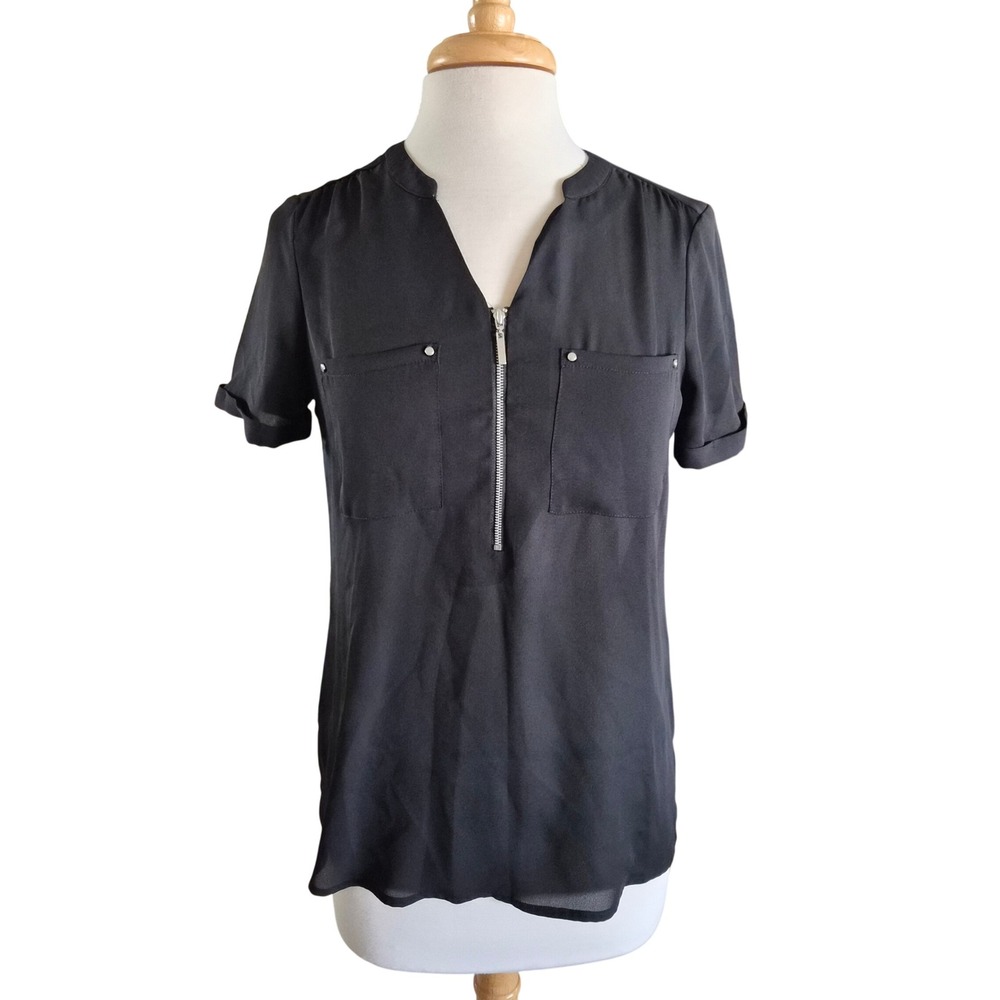 Apt. 9 Womens Black Short Sleeve Half Zip Pullover Blouse Size XS Pocketed Top